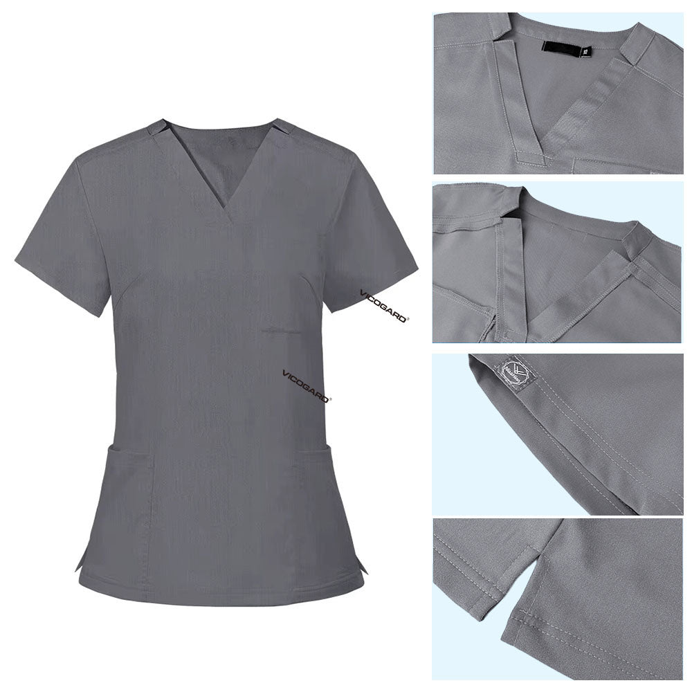 Detail of Gray scrub top soft V-neckline and functional chest pocket stitching