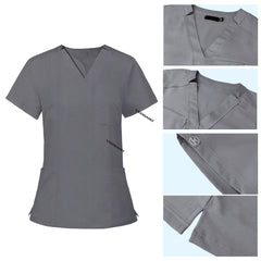 Detail of Gray scrub top soft V-neckline and functional chest pocket stitching