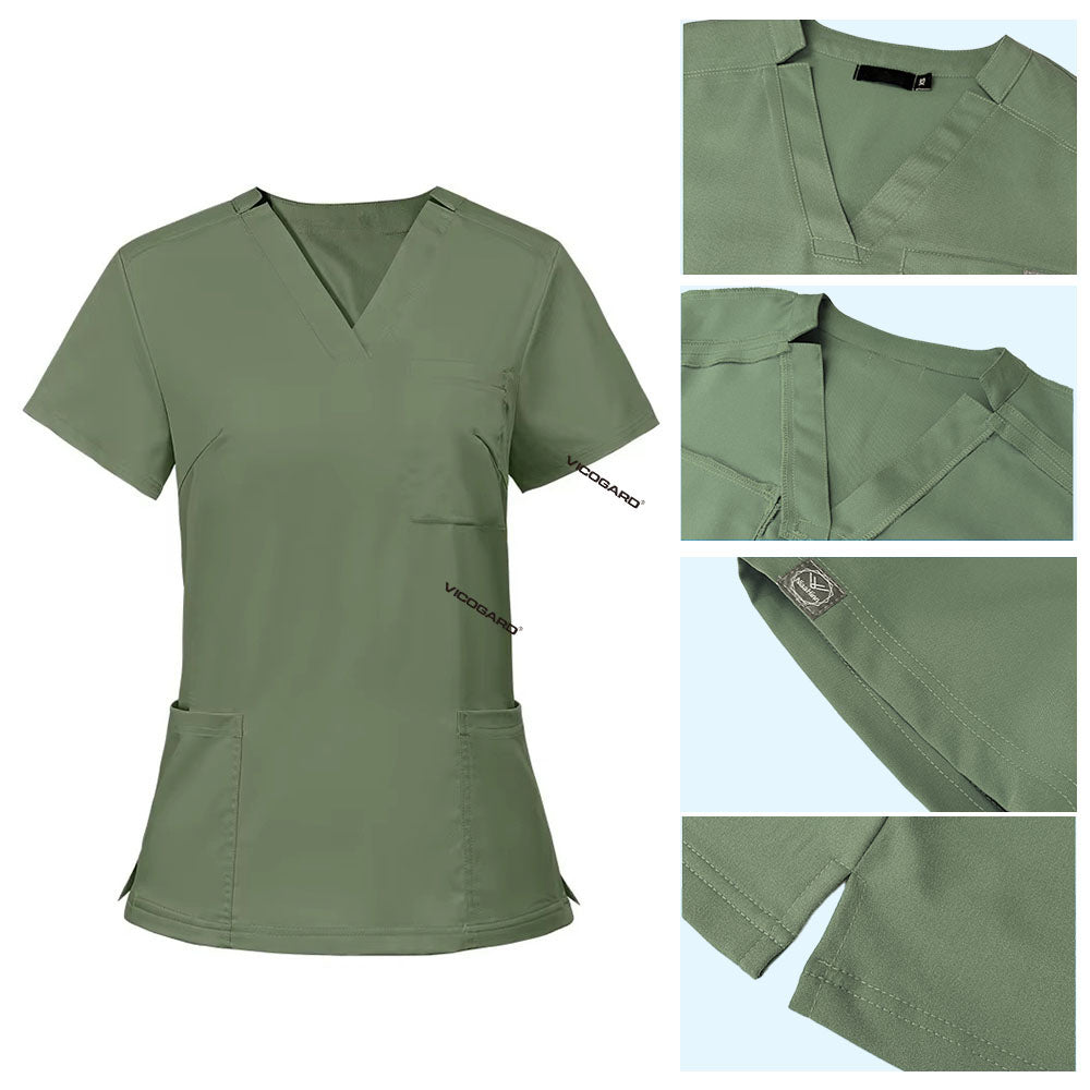 Detail of Fruit Green scrub top soft V-neckline and functional chest pocket stitching