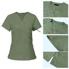 Detail of Fruit Green scrub top soft V-neckline and functional chest pocket stitching