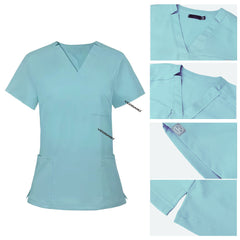 Detail of Ceil Blue scrub top soft V-neckline and functional chest pocket stitching