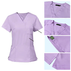 Detail of Lavender scrub top soft V-neckline and functional chest pocket stitching