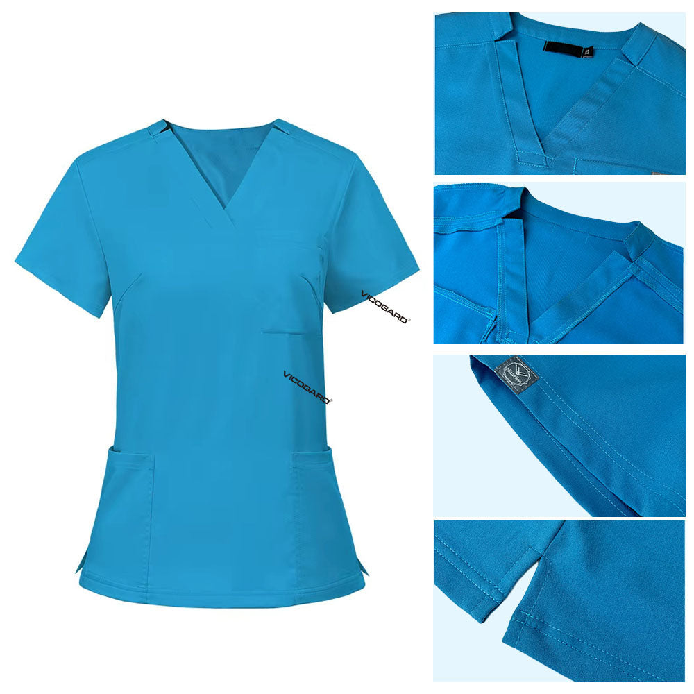 Detail of Royal Blue scrub top soft V-neckline and functional chest pocket stitching