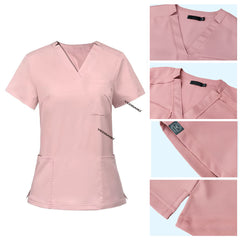 Detail of Pink scrub top soft V-neckline and functional chest pocket stitching