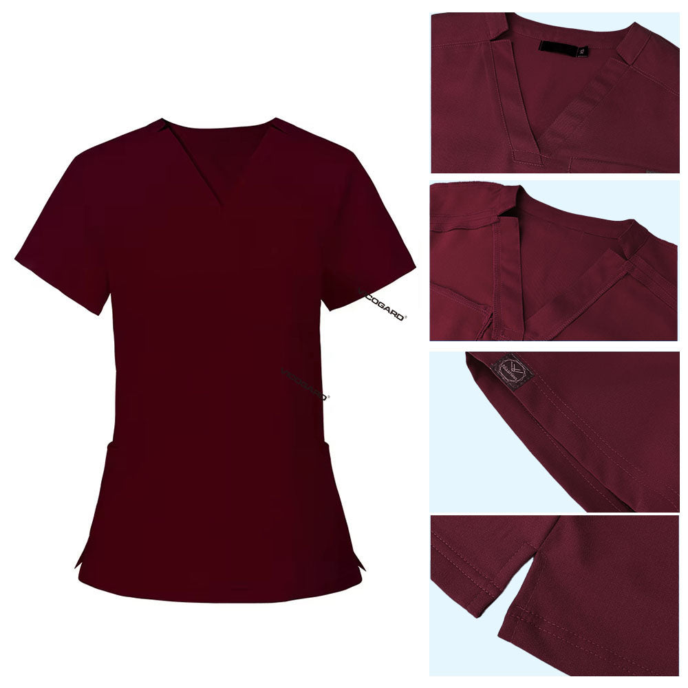 Detail of Burgundy scrub top soft V-neckline and functional chest pocket stitching