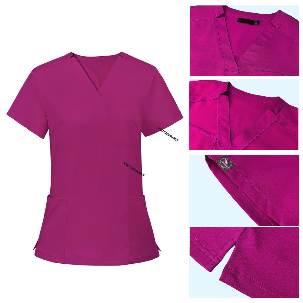 Detail of Rose Pink scrub top soft V-neckline and functional chest pocket stitching