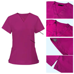 Detail of Rose Pink scrub top soft V-neckline and functional chest pocket stitching