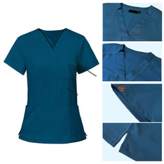 Detail of Caribbean Blue scrub top soft V-neckline and functional chest pocket stitching