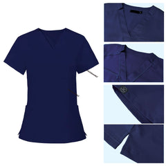 Detail of Navy Blue scrub top soft V-neckline and functional chest pocket stitching