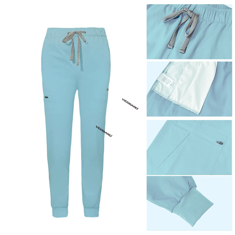 Detail of Ceil Blue jogger scrub pants showing ribbed ankle cuffs and rayon fabric texture
