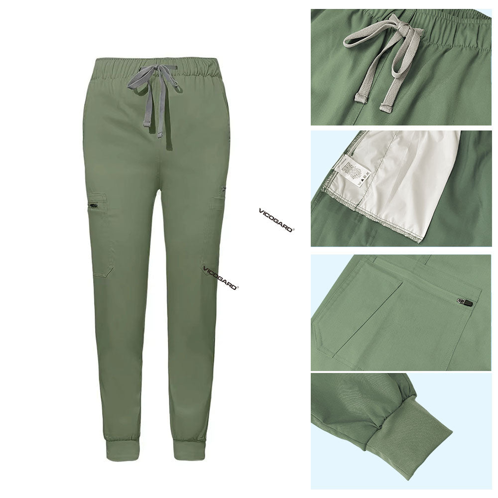 Detail of Fruit Green jogger scrub pants showing ribbed ankle cuffs and rayon fabric texture