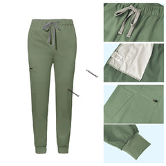 Detail of Fruit Green jogger scrub pants showing ribbed ankle cuffs and rayon fabric texture
