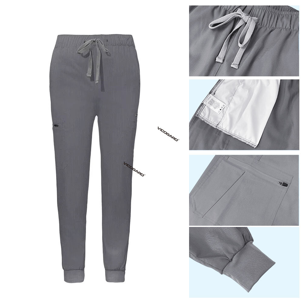 Detail of Gray jogger scrub pants showing ribbed ankle cuffs and rayon fabric texture