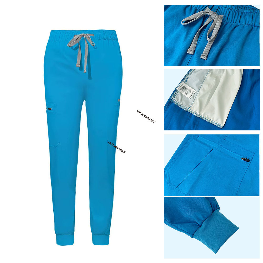 Detail of Royal Blue jogger scrub pants showing ribbed ankle cuffs and rayon fabric texture