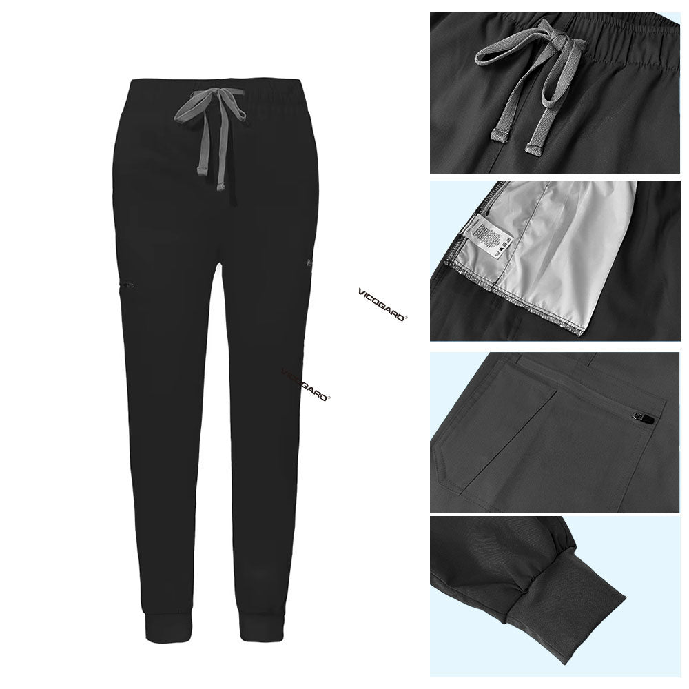 Detail of Black jogger scrub pants showing ribbed ankle cuffs and rayon fabric texture