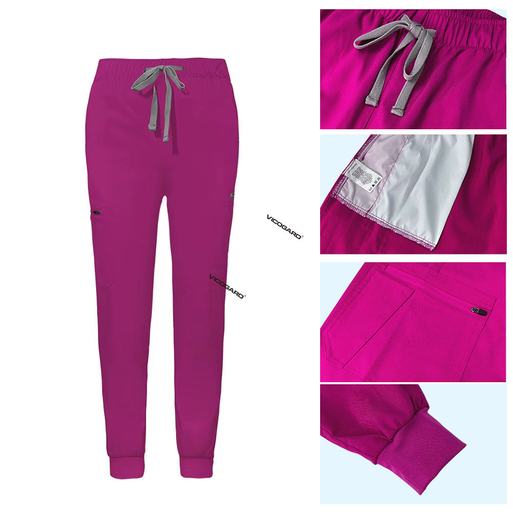 Detail of Rose Pink jogger scrub pants showing ribbed ankle cuffs and rayon fabric texture