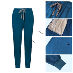 Detail of Caribbean Blue jogger scrub pants showing ribbed ankle cuffs and rayon fabric texture