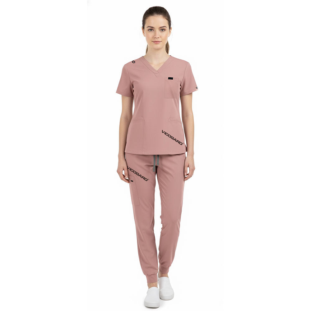 Vicogard Pink jogger scrub set front view, V-neck top with shoulder badge loop for ID