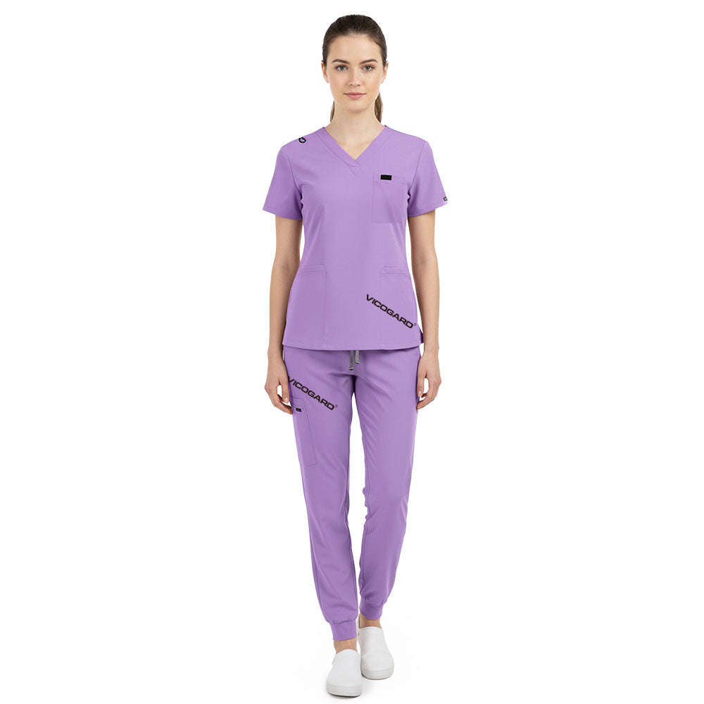 Vicogard Lavender jogger scrub set front view, V-neck top with shoulder badge loop for nursing homes