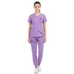 Vicogard Lavender jogger scrub set front view, V-neck top with shoulder badge loop for nursing homes