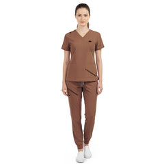 Vicogard Coffee jogger scrub set front view, V-neck top with shoulder badge loop for vets