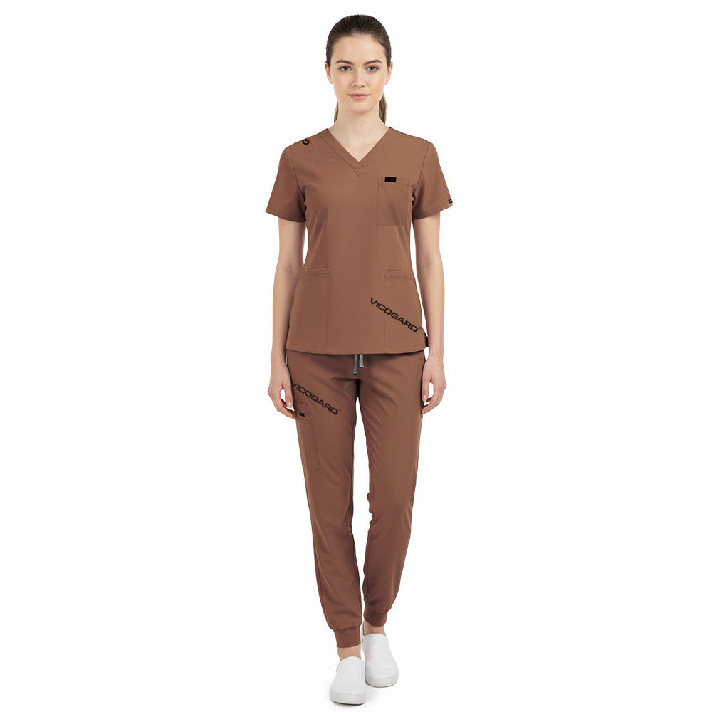 Vicogard Coffee earth tone scrubs, brown stain-hiding uniform for veterinary teams