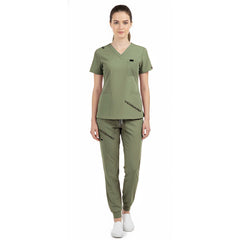 Vicogard Fruit Green athletic scrubs, lime green uniform for vet techs with badge ring