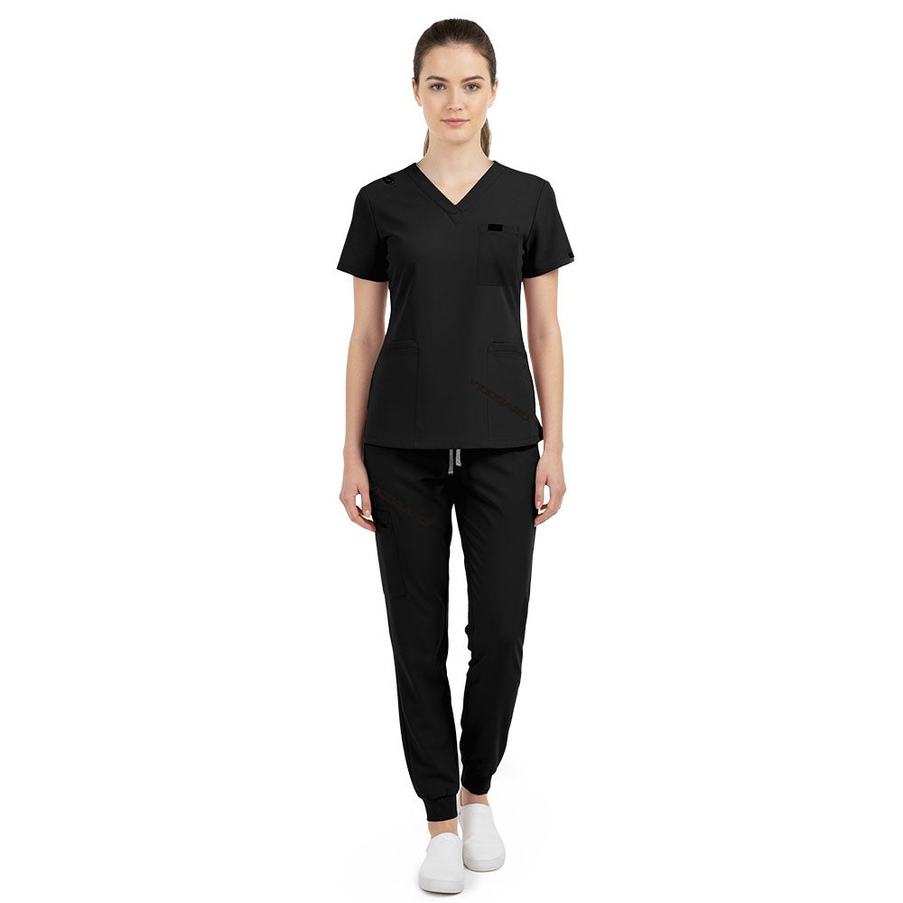 Vicogard Black jogger scrub set front view, sleek V-neck top with shoulder badge loop for estheticians
