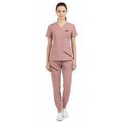 Vicogard Pink jogger scrub set front view, V-neck top with shoulder badge loop for ID