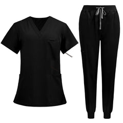 Flat lay of Black medical uniform featuring curved hem top and zipper pocket jogger pants