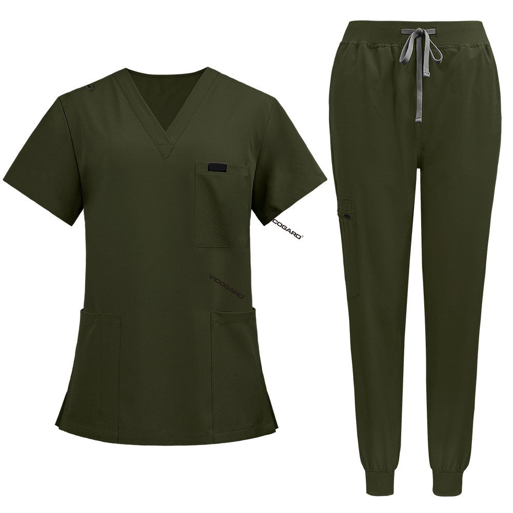 Flat lay of Army Green medical uniform featuring curved hem top and zipper pocket jogger pants