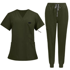 Flat lay of Army Green medical uniform featuring curved hem top and zipper pocket jogger pants