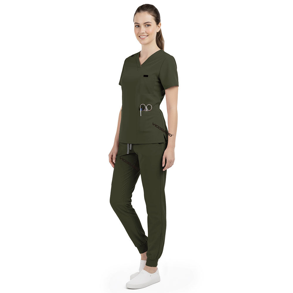 Side profile of Army Green nursing joggers showing athletic fit and ribbed ankle cuffs