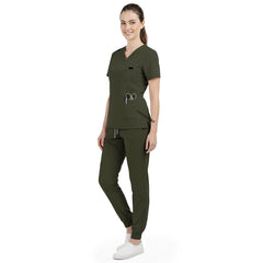 Side profile of Army Green nursing joggers showing athletic fit and ribbed ankle cuffs