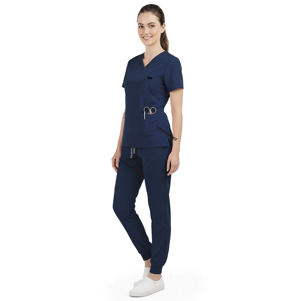 Side profile of Galaxy Blue nursing joggers showing athletic fit and ribbed ankle cuffs