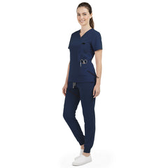 Side profile of Galaxy Blue nursing joggers showing athletic fit and ribbed ankle cuffs