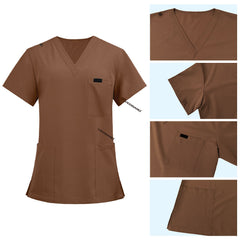 Detail of Coffee scrub top shoulder D-ring loop for hanging ID badges and chest pocket flap