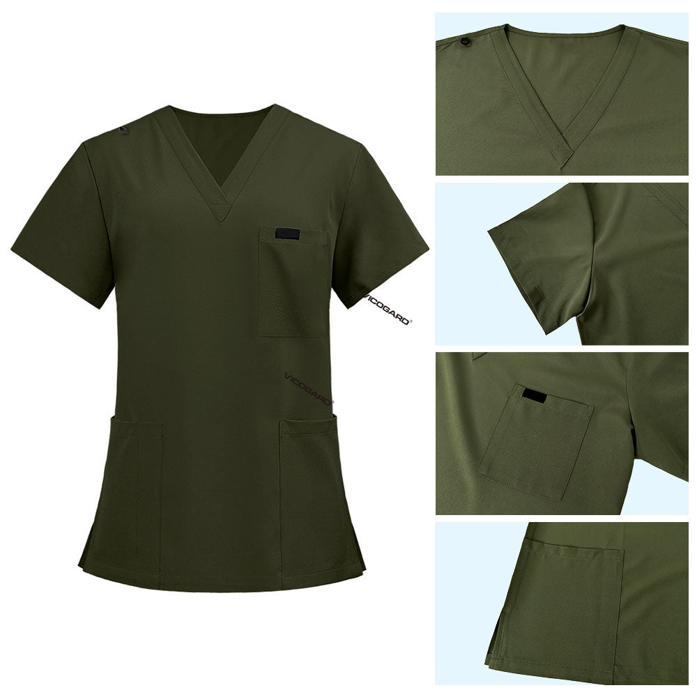 Detail of Army Green scrub top shoulder D-ring loop for hanging ID badges and chest pocket flap