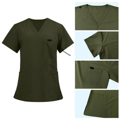 Detail of Army Green scrub top shoulder D-ring loop for hanging ID badges and chest pocket flap