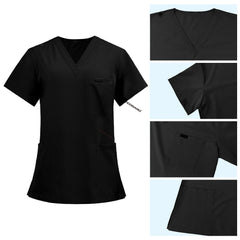 Detail of Black scrub top shoulder D-ring loop for hanging ID badges and chest pocket flap