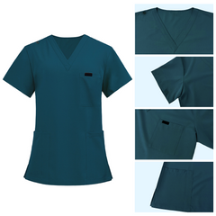 Detail of Caribbean Blue scrub top shoulder D-ring loop for hanging ID badges and chest pocket flap