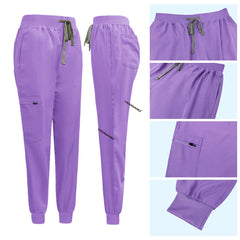 Detail of Lavender jogger pants with Vicogard embroidery and zipper cargo pocket
