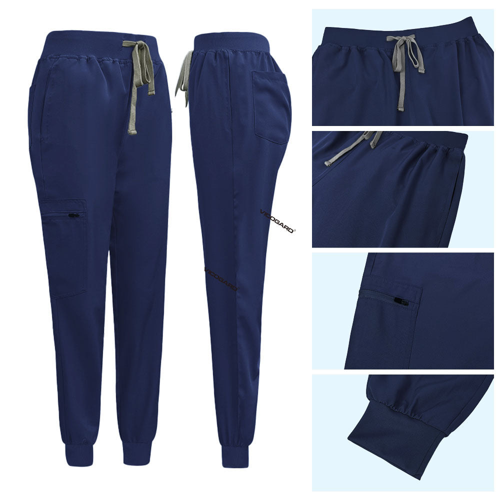 Detail of Galaxy Blue jogger pants with Vicogard embroidery and zipper cargo pocket