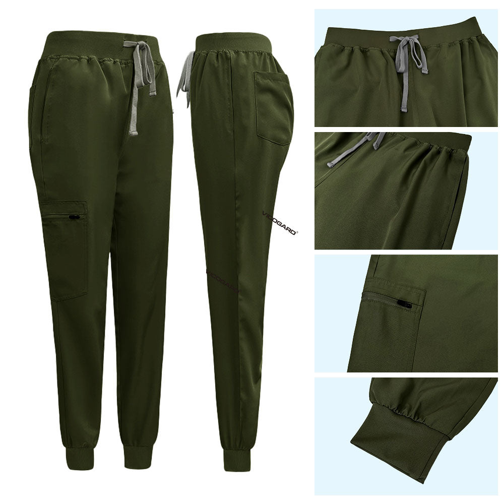 Detail of Army Green jogger pants with Vicogard embroidery and zipper cargo pocket