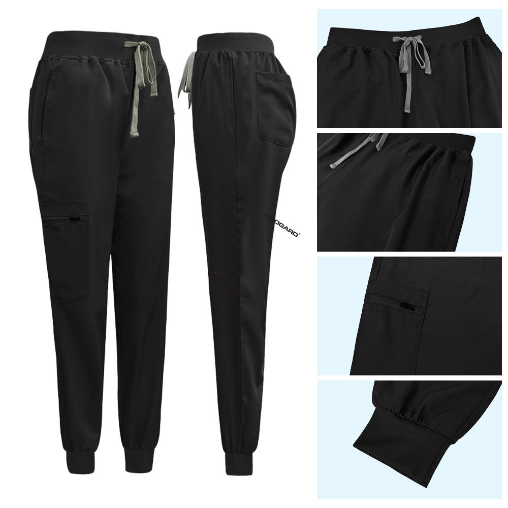 Detail of Black jogger pants with Vicogard embroidery and zipper cargo pocket