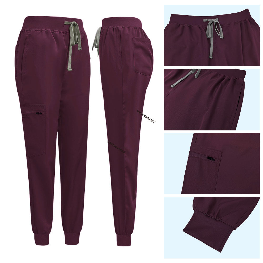 Detail of Burgundy jogger pants with Vicogard embroidery and zipper cargo pocket
