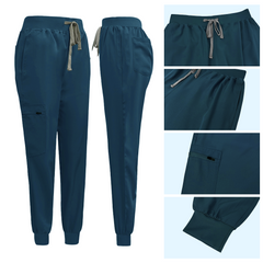Detail of Caribbean Blue jogger pants with Vicogard embroidery and zipper cargo pocket