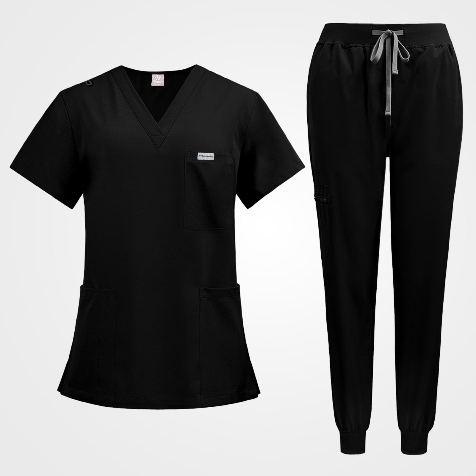 Vicogard® black 8-pocket medical uniform set flat lay