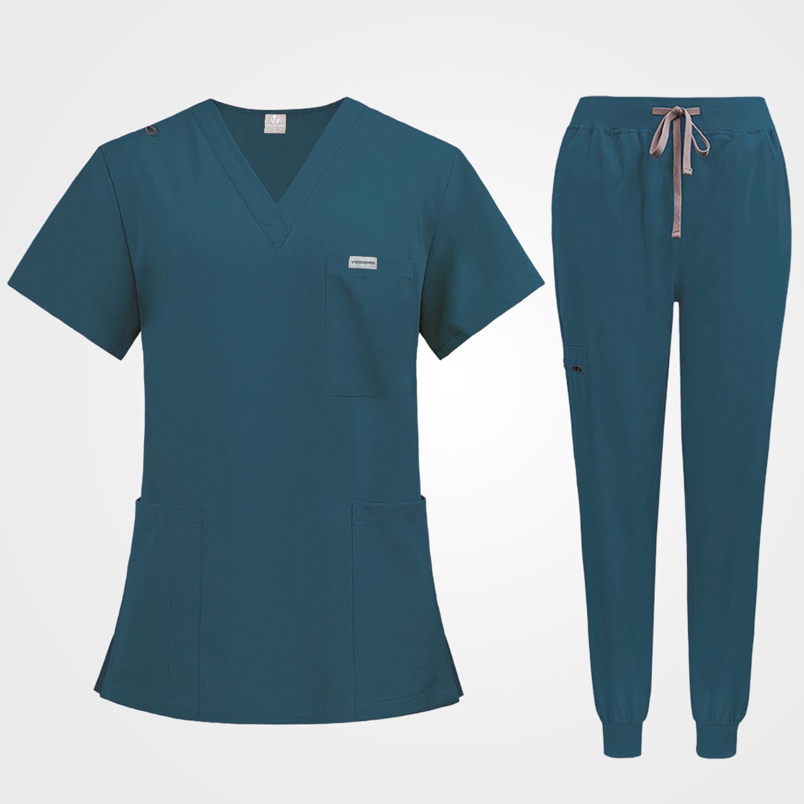 Caribbean blue medical uniform set flat lay top view