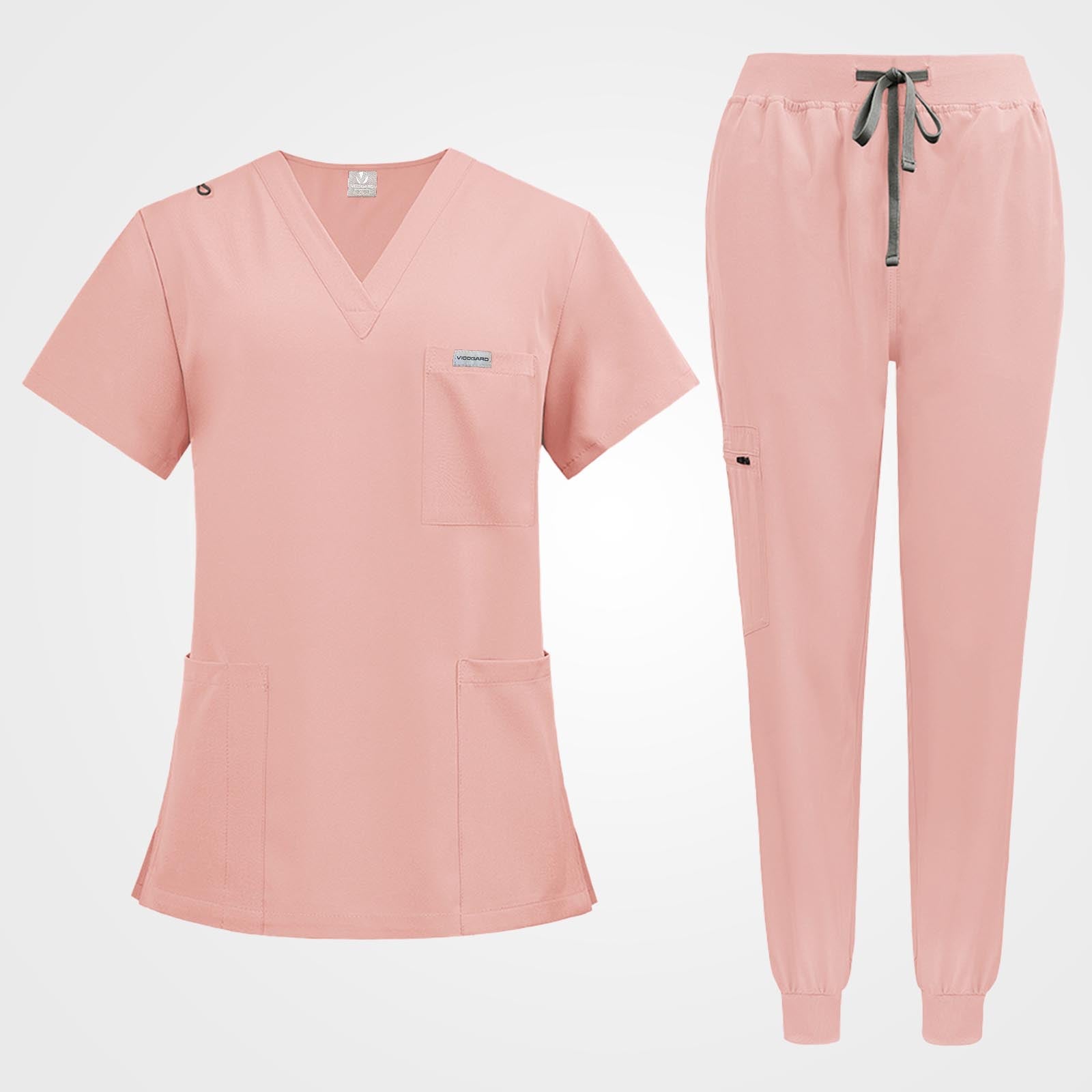 Pink medical uniform set flat lay overhead view